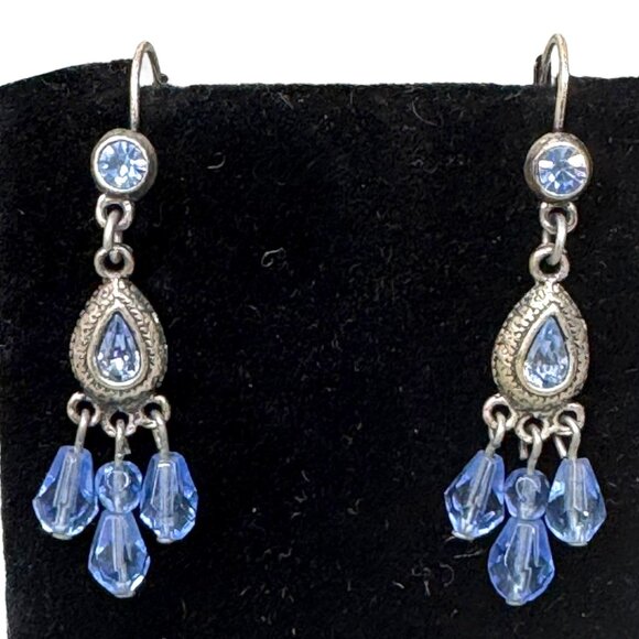 Vintage Silver Dangle Earrings Blue Topaz and Crystal Beads & Leverback Closure - Picture 2 of 4